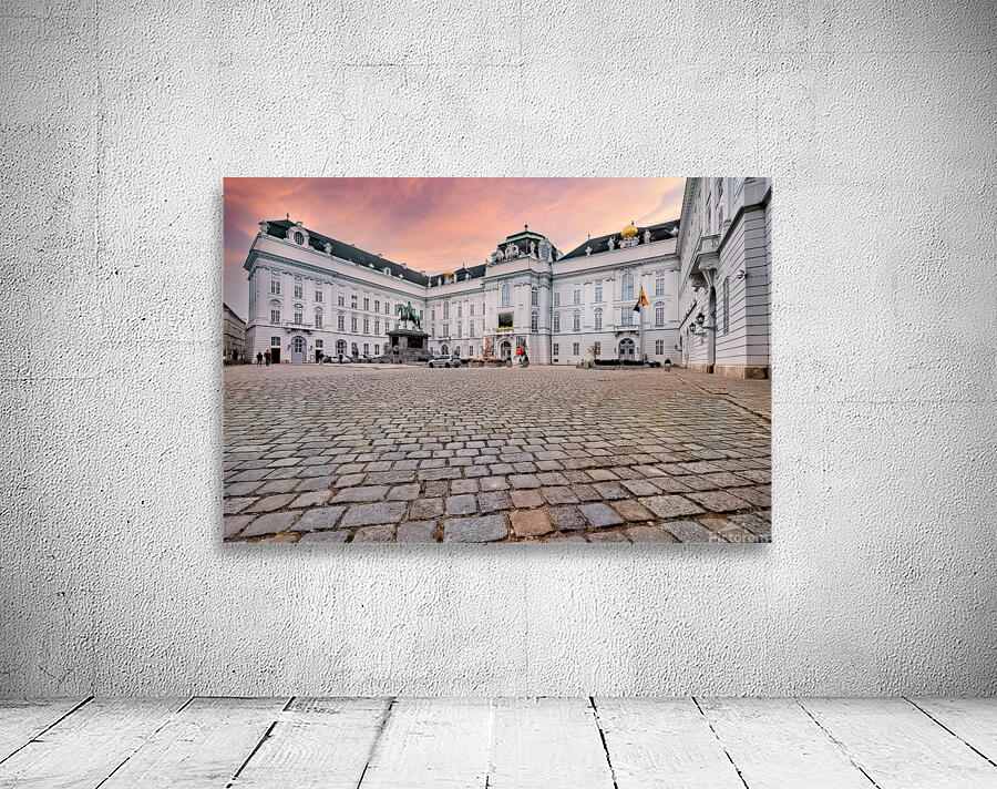 Majestic palace equestrian statue and cobblestone square under Wall Preview