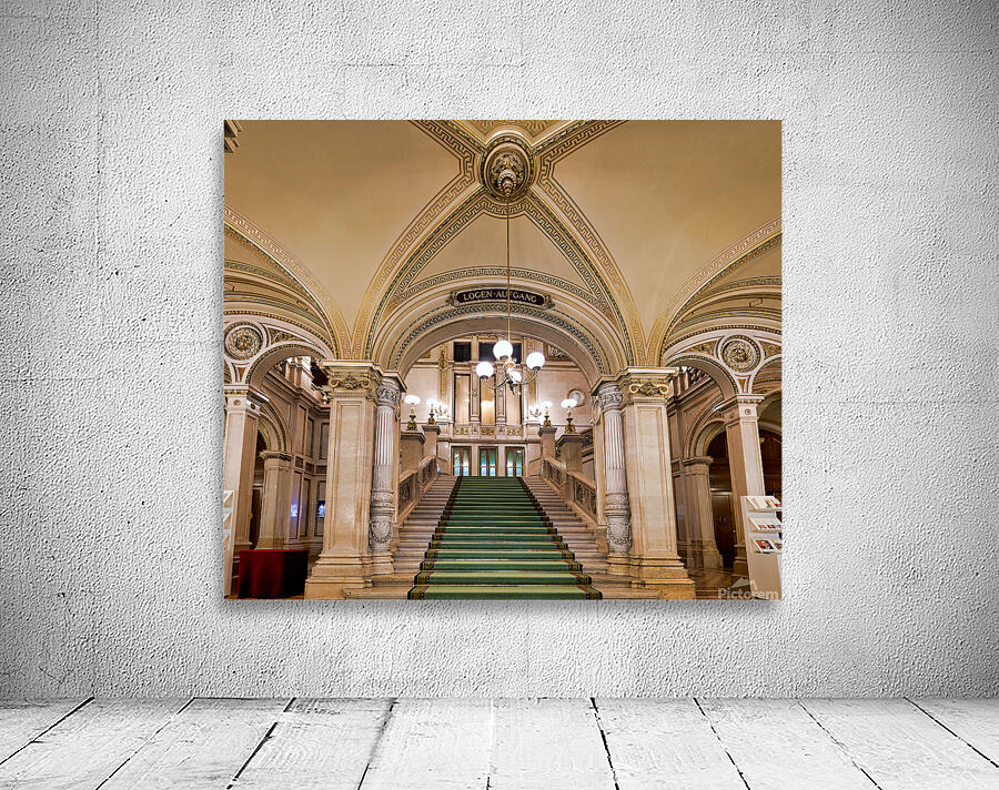 Majestic staircase with green carpet in an ornate hall. Wall Preview
