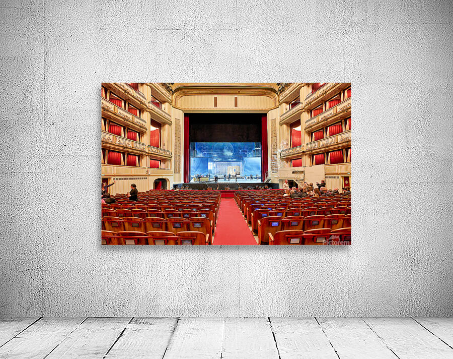 Ornate opera house interior with stage crew and audience. Wall Preview