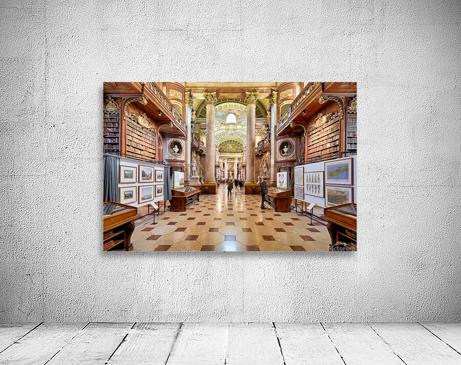 Grand ornate library interior with books columns and visitors Wall Preview