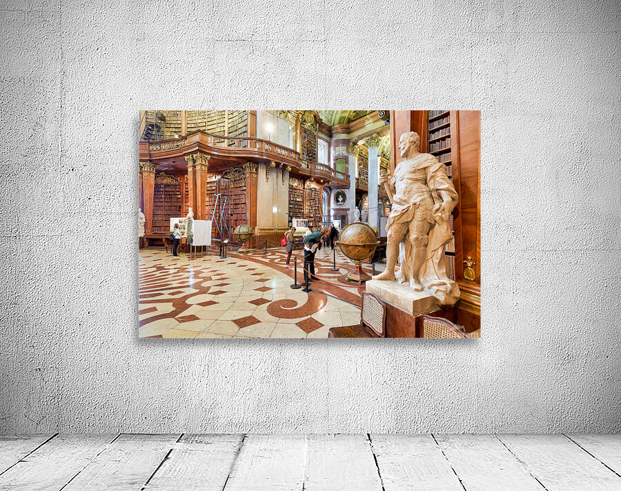 Ornate library interior with towering bookshelves statues glob Wall Preview