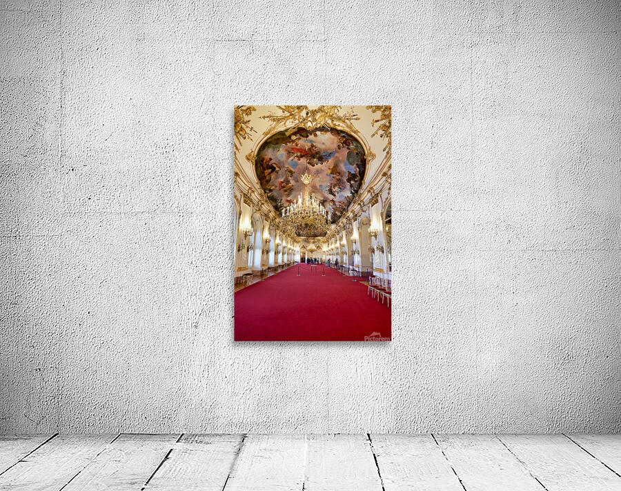 Ornate palace hall with chandeliers painted ceiling and red ca Wall Preview