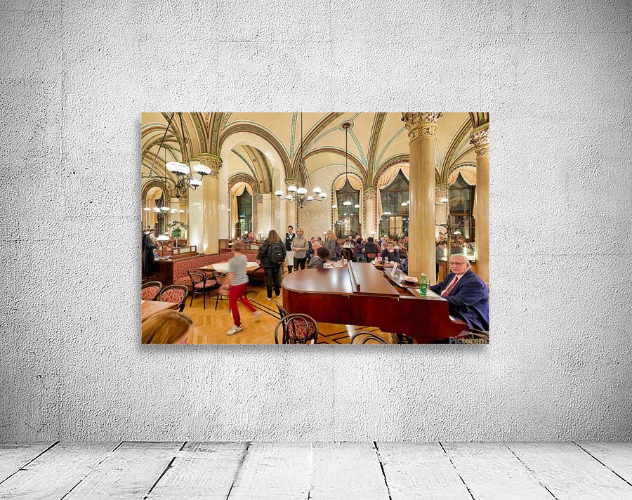 Ornate cafe interior bustling with people and a grand piano. Wall Preview