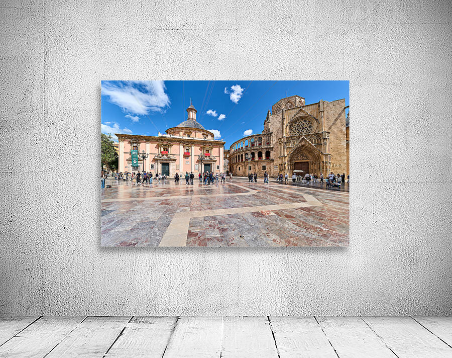 Valencia scene in Plaza de la Virgen with famous sites and peopl Wall Preview