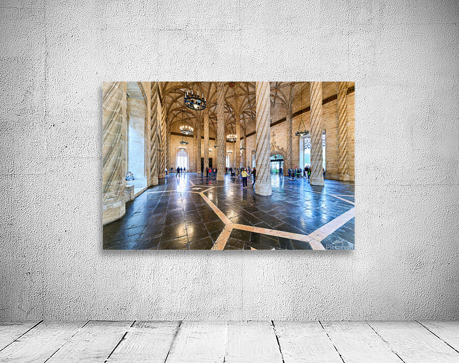 Visitors explore the interior of Lonja de la Seda in Valencia Sp Wall Preview