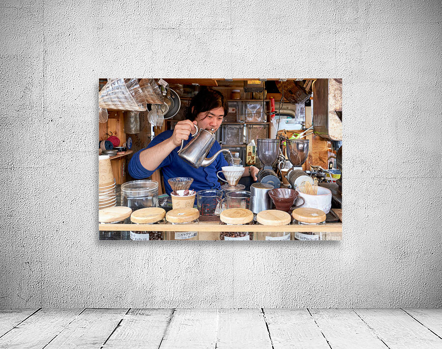 Street stall in Tokyo serving coffee and tea to customers Wall Preview