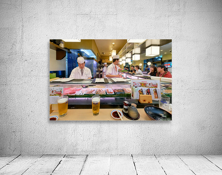 Sushi bar in Shibuya district with chefs and guests enjoying mea Wall Preview