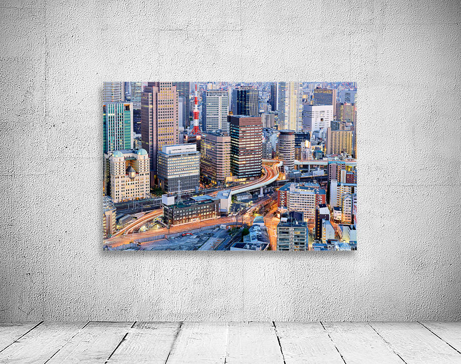 Osaka financial district at dusk with city lights and busy stree Wall Preview