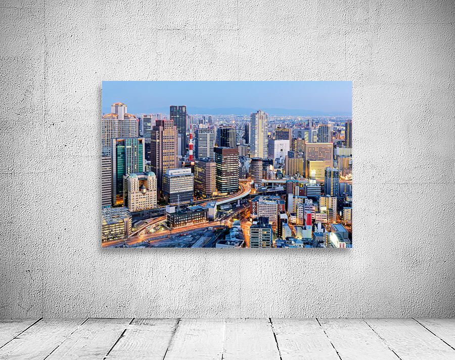 Osaka business district at dusk with city lights and buildings Wall Preview