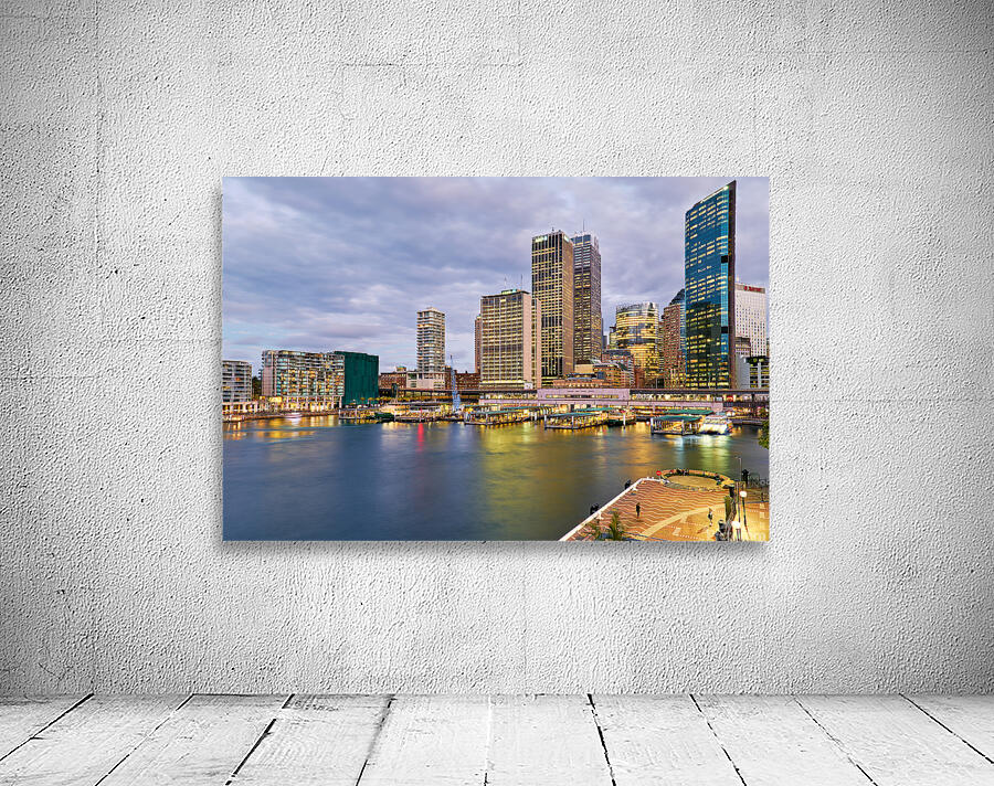 Sydney Harbour at dusk with ferries and city skyline. Wall Preview