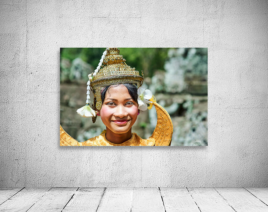 Smiling Cambodian dancer in traditional golden costume and crown Wall Preview