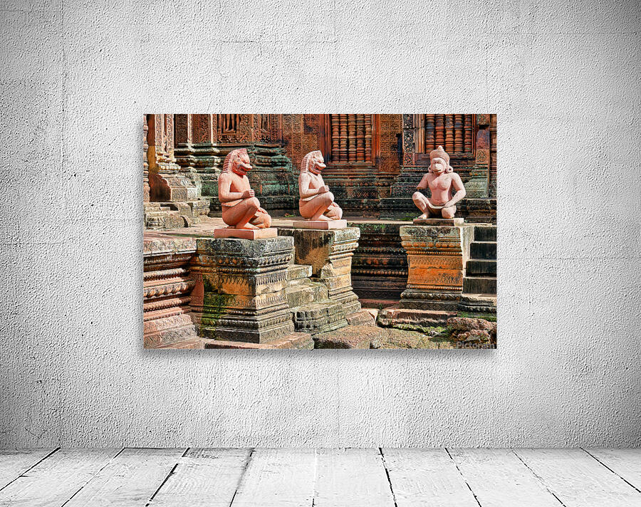 Ancient temple with guardian statues and ornate carvings. Wall Preview