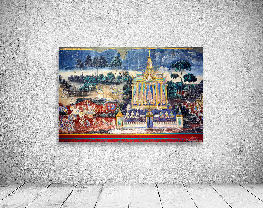 Ancient mural depicting temple figures and scenes of life. Wall Preview