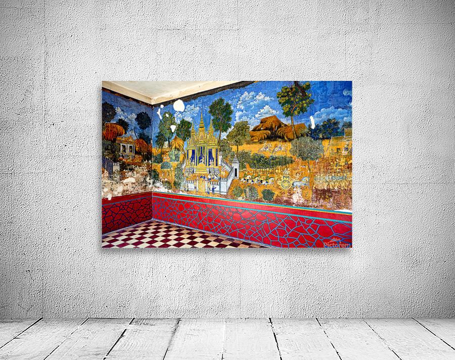 Vibrant aged mural depicting traditional temple scenes with peo Wall Preview