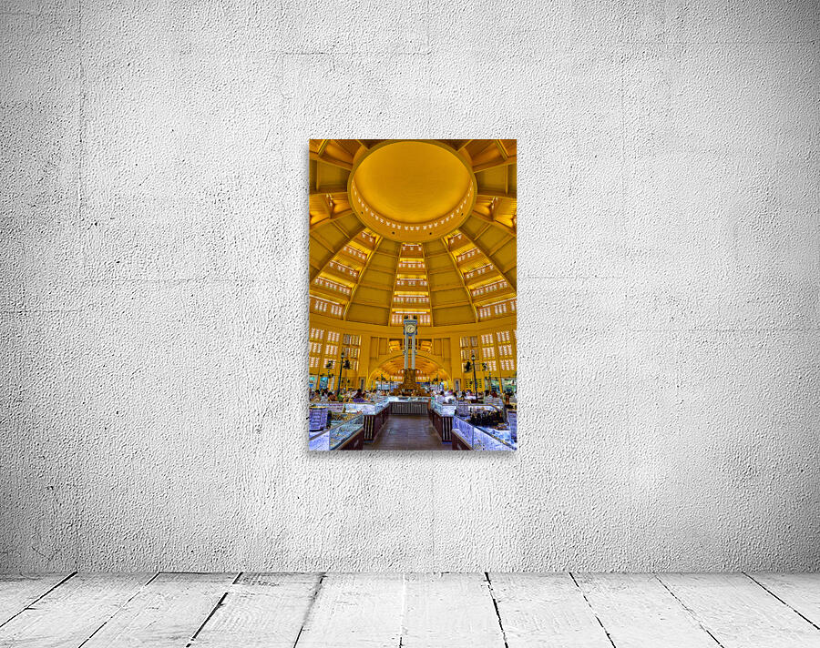 Grand domed market interior with central clock and bustling stal Wall Preview