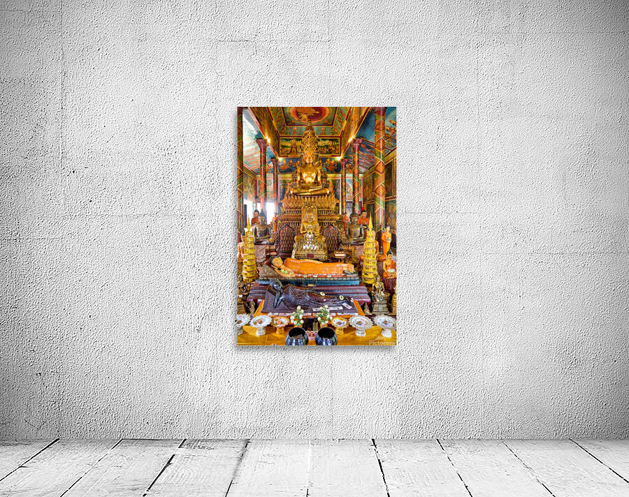 Golden Buddha statues and offerings in an ornate temple. Wall Preview