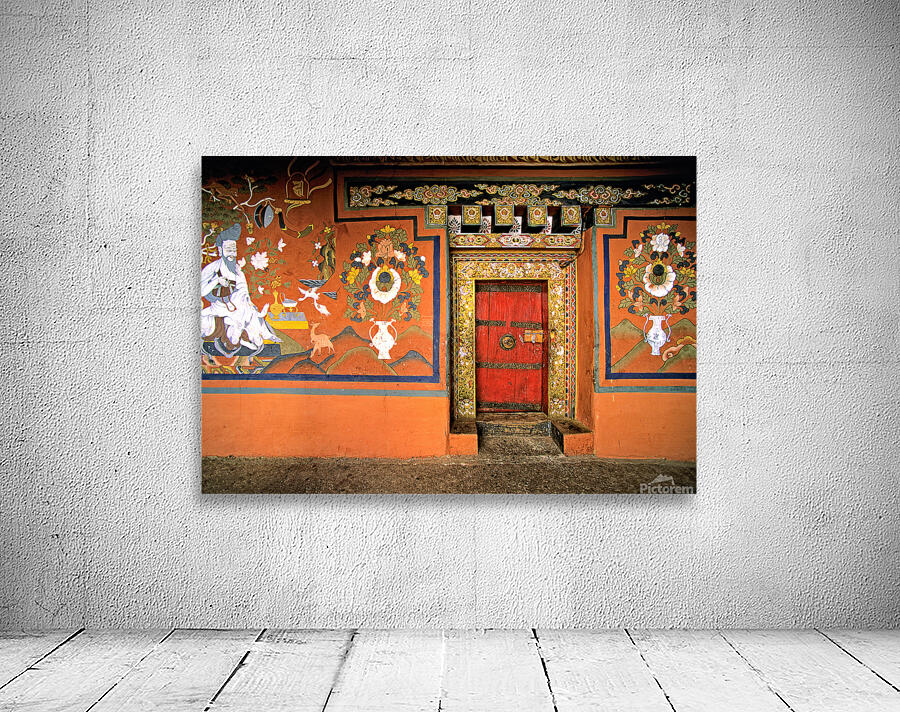 Vibrant wall murals and an ornate red door. Wall Preview