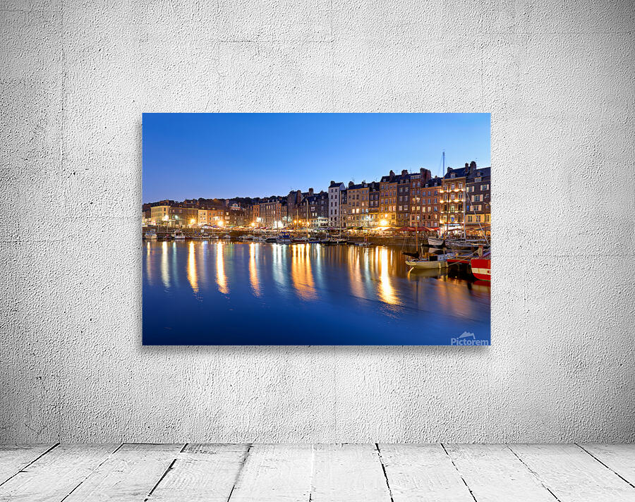 Harbour view of Honfleur at dusk with boats and buildings Wall Preview