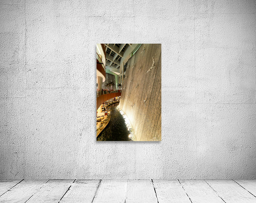 Indoor waterfall with diving sculptures and dining in Dubai UAE Wall Preview
