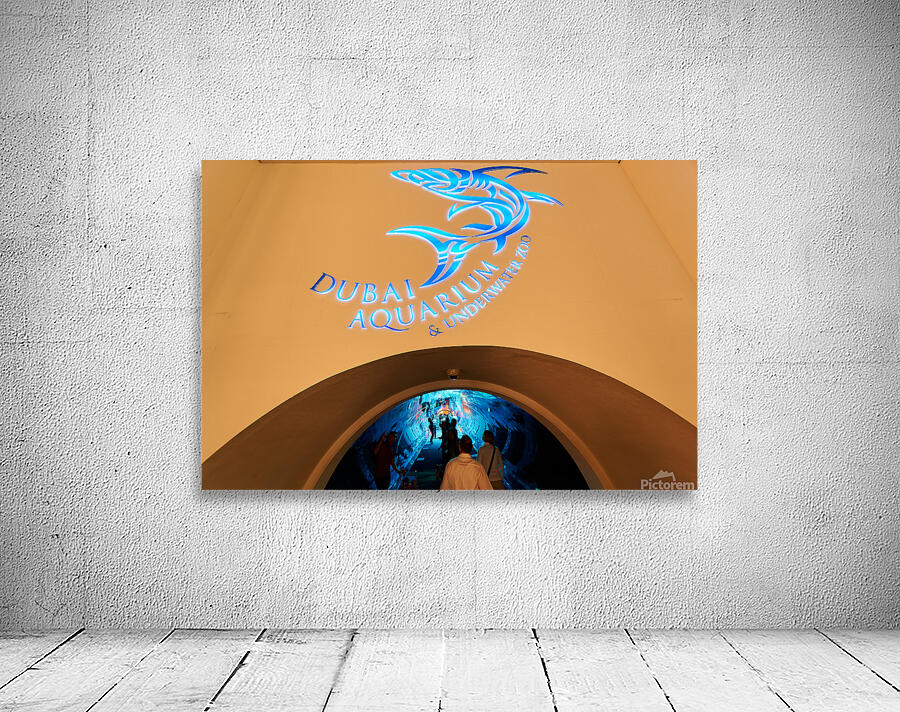 Entrance to Dubai Aquarium Underwater Zoo with glowing shark sig Wall Preview