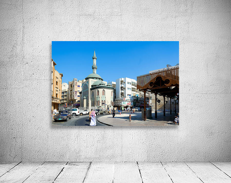 Middle Eastern street scene with mosque and market in Dubai UAE Wall Preview