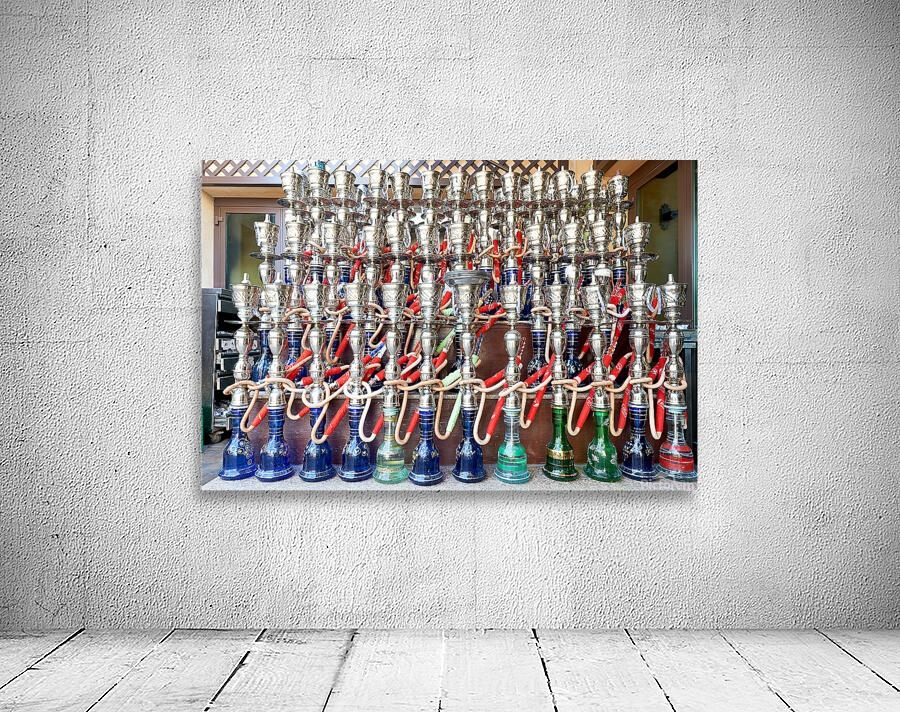 Display of hookahs for sale in Dubai cafe with many options Wall Preview