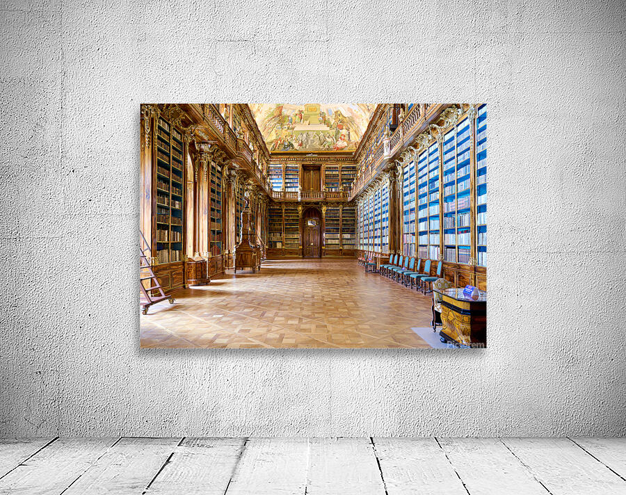Magnificent baroque library filled with books and ceiling fresco Wall Preview