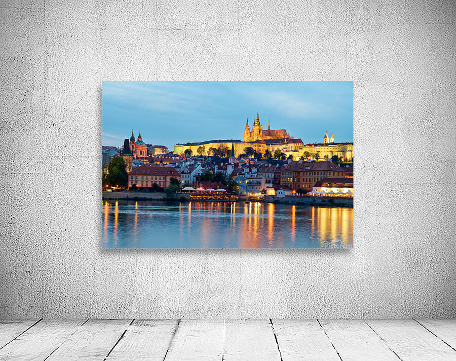 Prague cityscape at night with castle and river reflections. Wall Preview