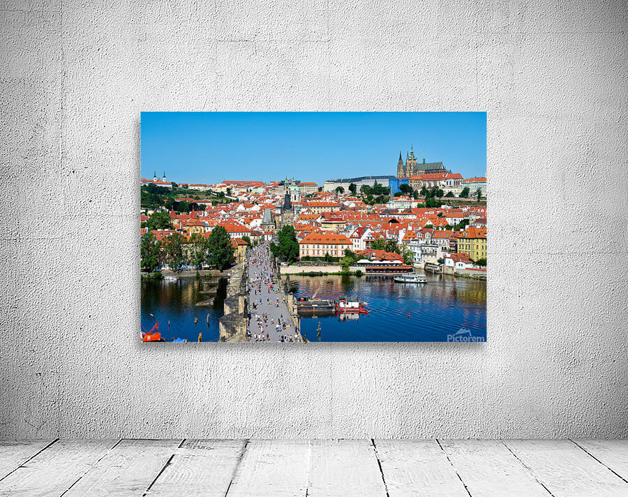 Pragues iconic Charles Bridge Vltava River and historic city  Wall Preview