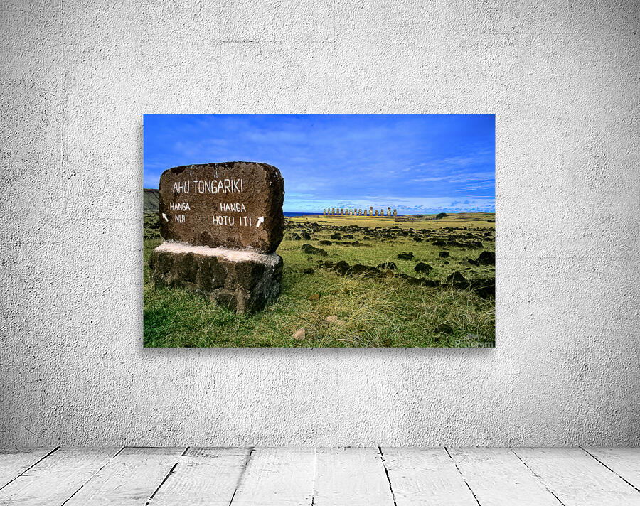 Easter Islands Ahu Tongariki Moai statues and directional sign. Wall Preview