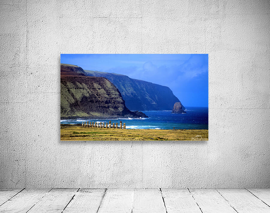 Moai statues on Easter Islands dramatic coastal landscape. Wall Preview