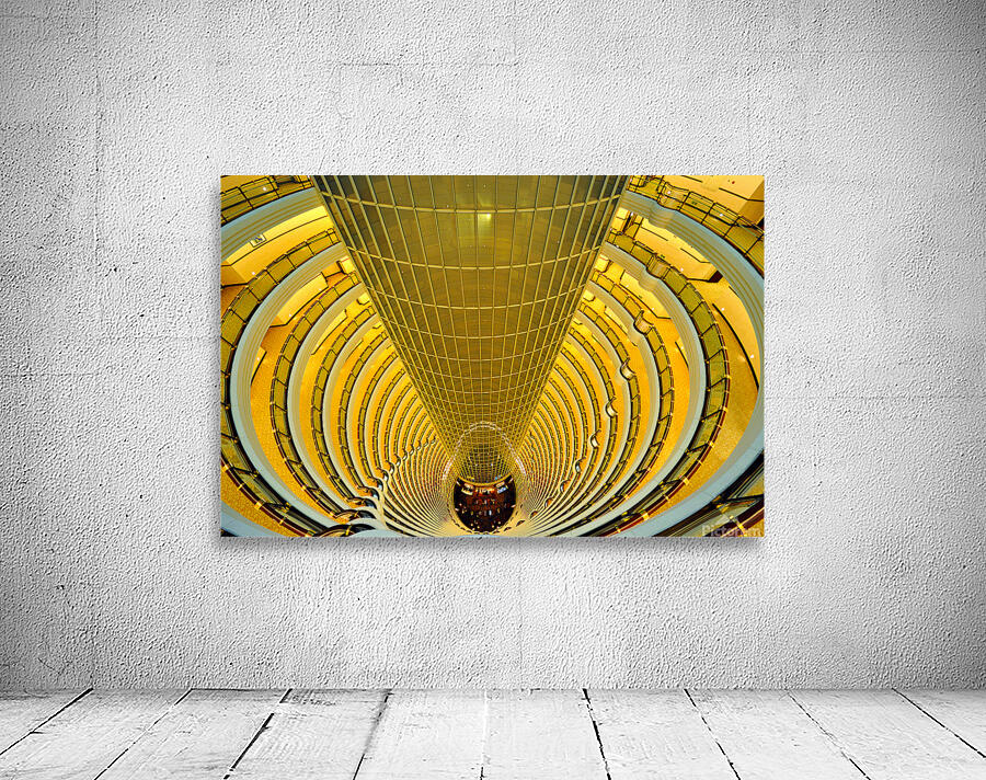 Golden hotel atrium with glass elevator in Shanghai China Wall Preview