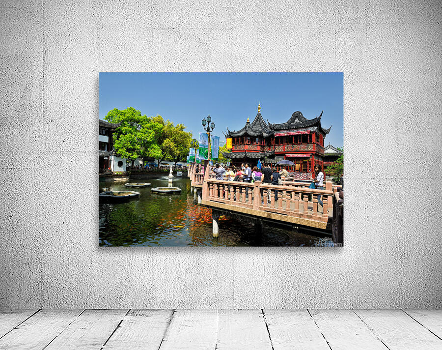 Vibrant Chinese garden with koi pond and visitors in Shanghai Wall Preview