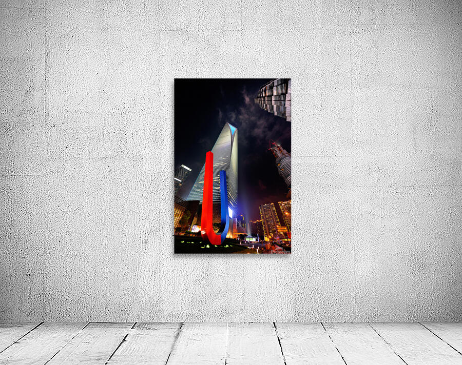 Luminous Shanghai skyscrapers and abstract sculpture at night Wall Preview