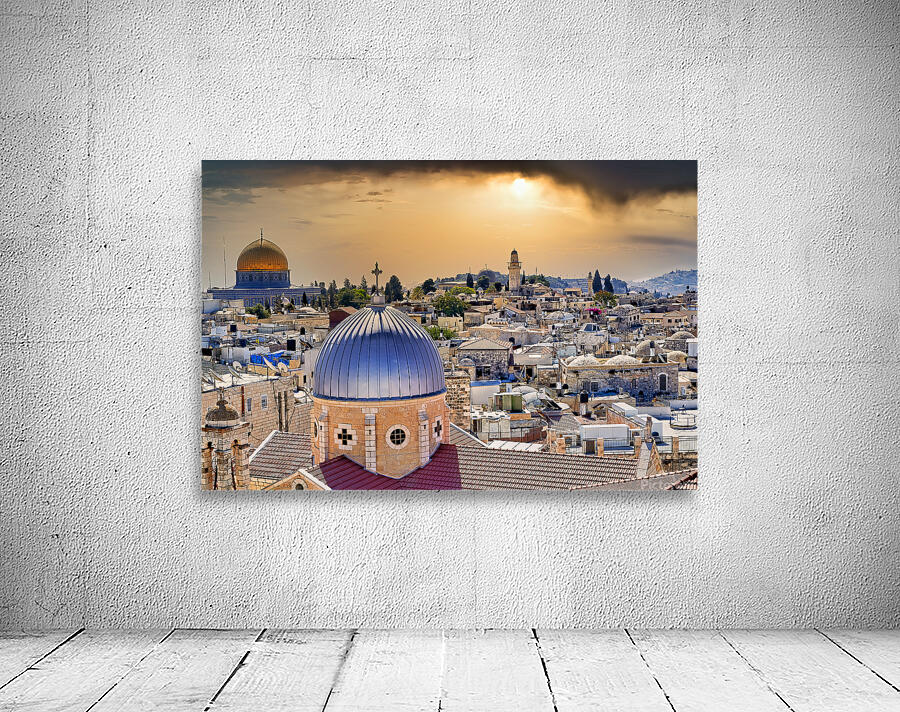 Dramatic sunset over the old city of Jerusalem in Israel Wall Preview