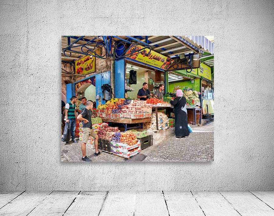 Greengrocer stall in the old city of Jerusalem busy with shopper Wall Preview