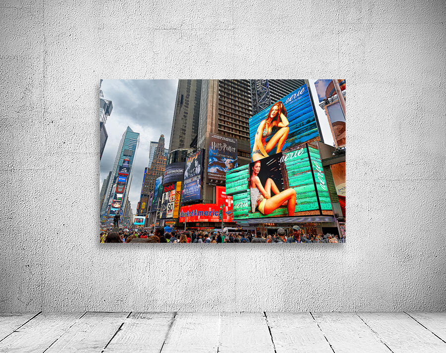 Crowd gathers in Times Square with bright ads in New York City Wall Preview