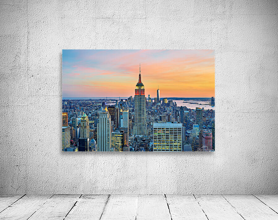 Aerial view of Empire State Building at sunset in New York City Wall Preview