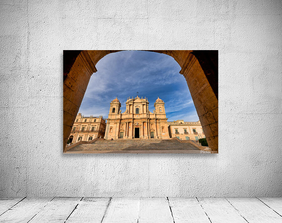 Noto Cathedral stands tall in Noto Sicily with blue sky backdro Wall Preview