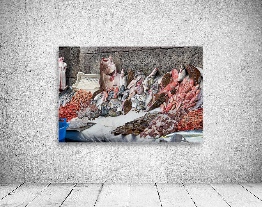 Fresh seafood display at Piscaria market in Catania Sicily Wall Preview