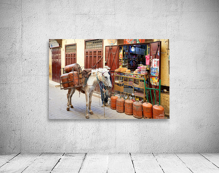 Donkey carrying gas cylinders through Fez Medina streets Wall Preview