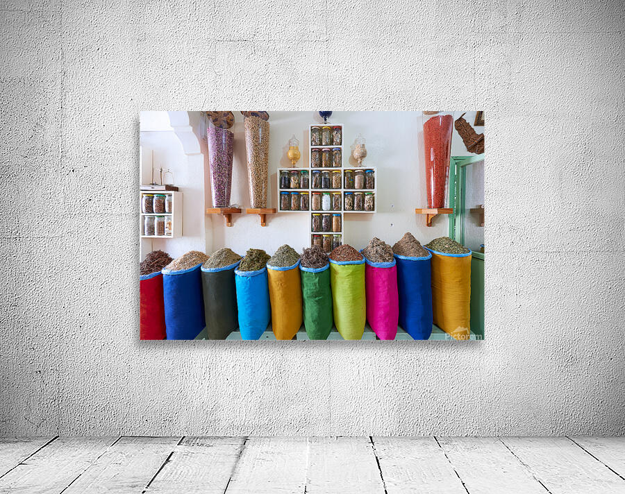 Herbal remedy shop in Marrakesh showing colorful bags of herbs Wall Preview