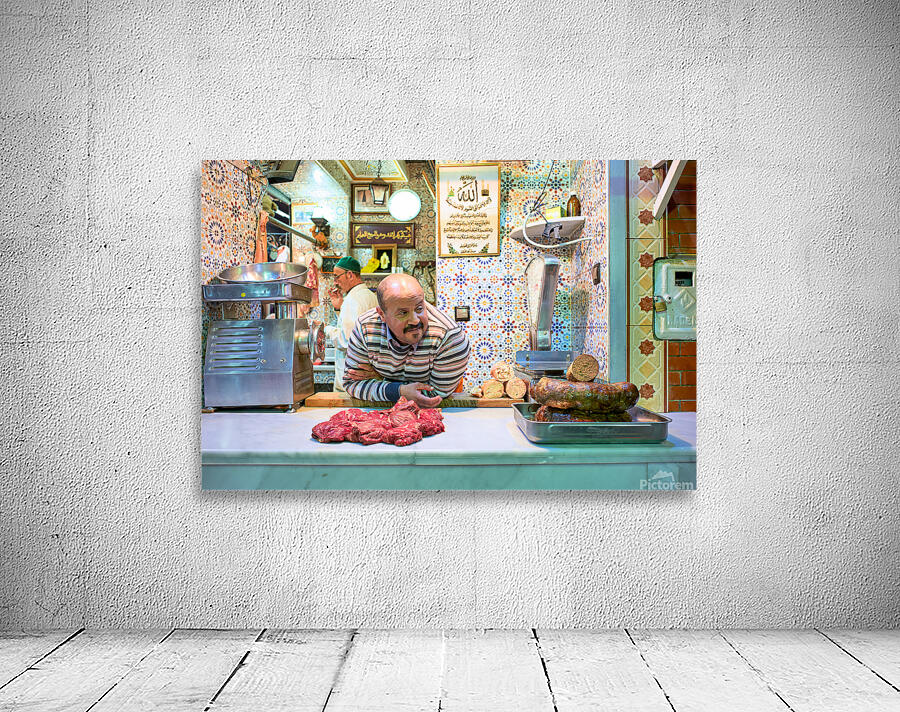Meknes butcher in the souk selling fresh meat and sausages Wall Preview