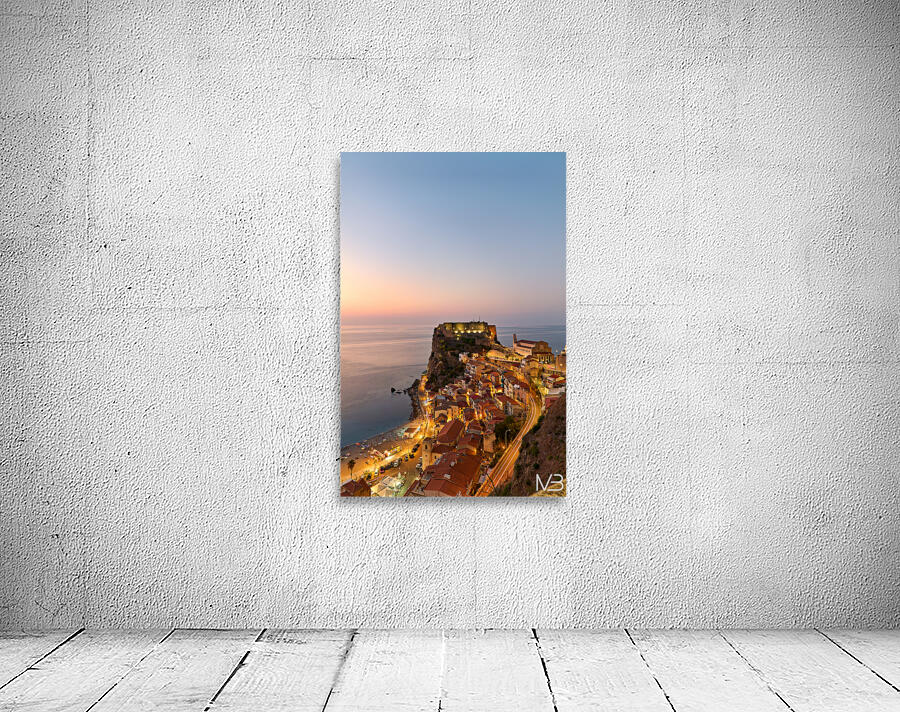 Elevated view of Ruffo castle and Scilla at sunset in Calabria Wall Preview