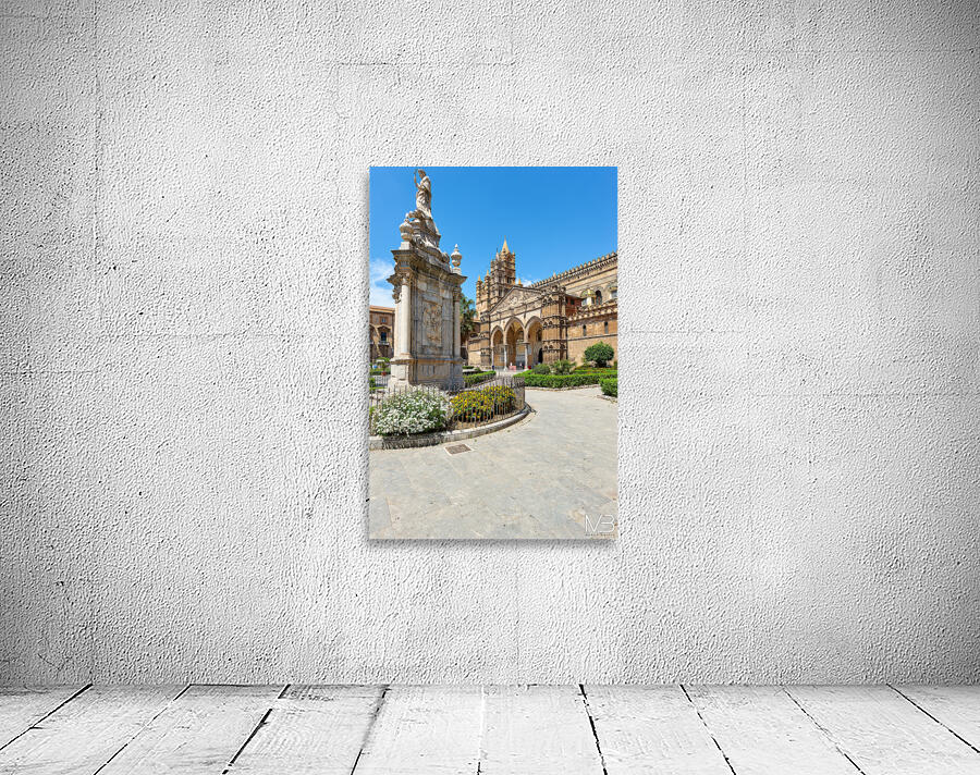 Palermo Cathedral stands tall with statue in front and blue sky Wall Preview
