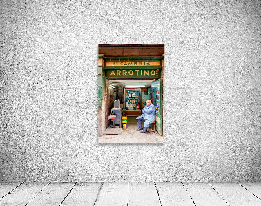 Grinder street shop in Palermo Sicily with shopkeeper Wall Preview