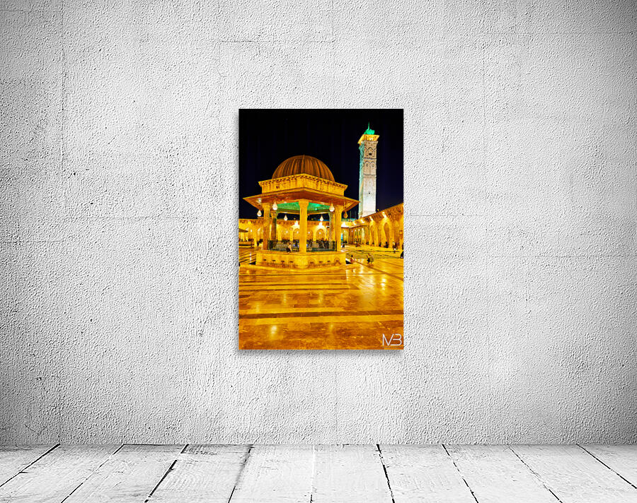 Aleppo mosque at night with lights and visitors in the courtyard Wall Preview