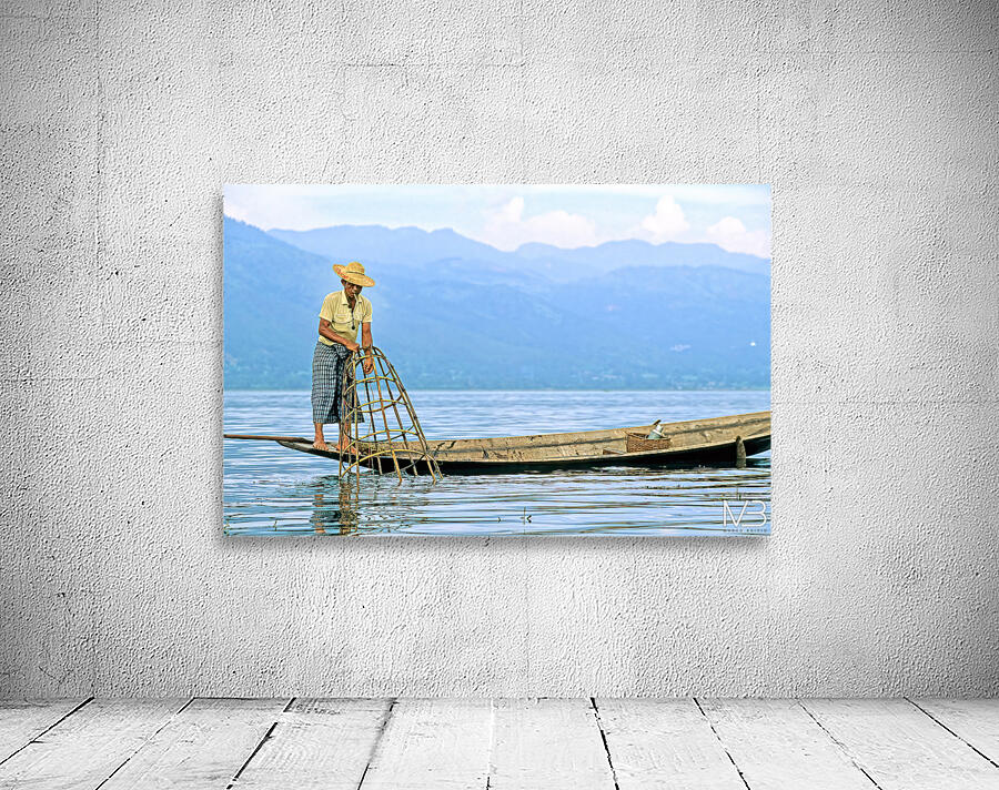 Traditional fishing on Inle Lake in Myanmar by local fisherman Wall Preview