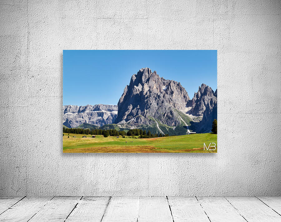Sassolungo mountain peak view at Seiser Alm in Italy Wall Preview