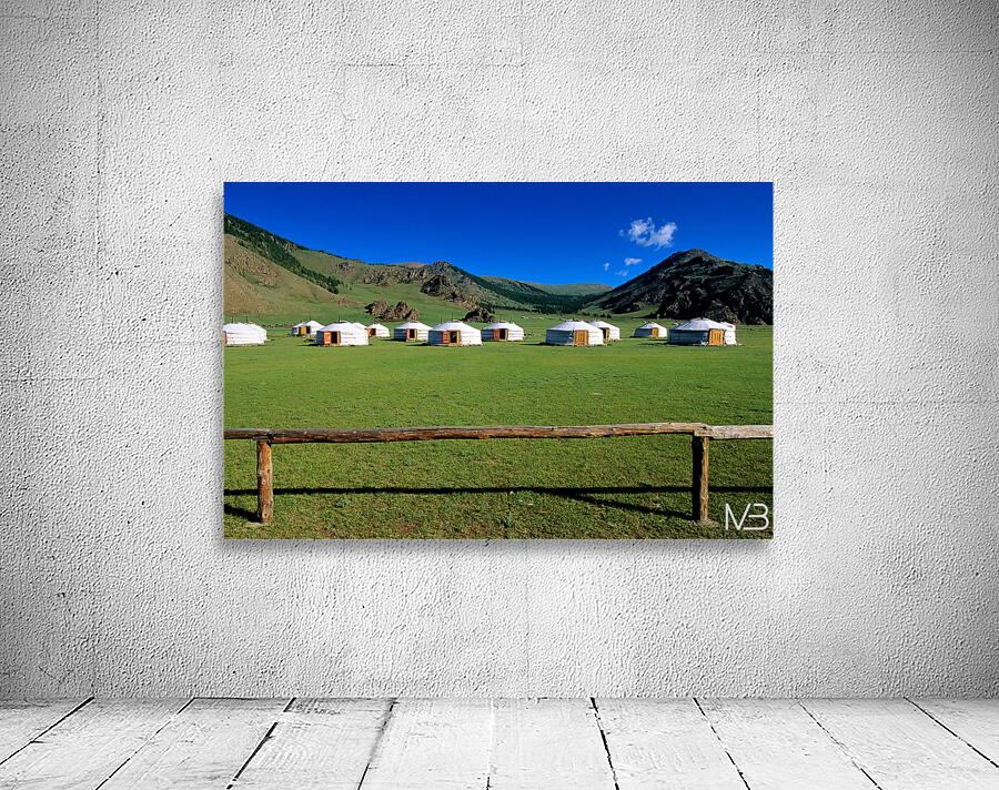 Ger tents in the grassy fields of Mongolia under clear skies Wall Preview